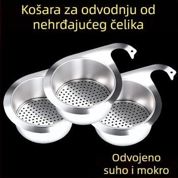 Koš za odvodnjavanje od nehrđajućeg čelika u obliku labuda za sudoper, viseći stalak za odvodnjavanje, odvajanje mokro-sucho, filtr za pranje povrća