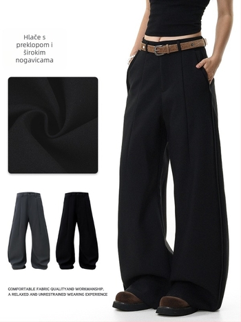 Pantalone u korejskom stilu s plisiranjem i drapiranom tkaninom, opuštenog ravnog kroja, duge crne hlače za muškarce