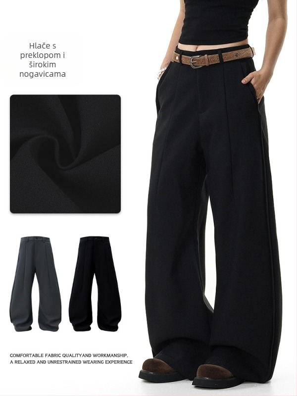 Pantalone u korejskom stilu s plisiranjem i drapiranom tkaninom, opuštenog ravnog kroja, duge crne hlače za muškarce