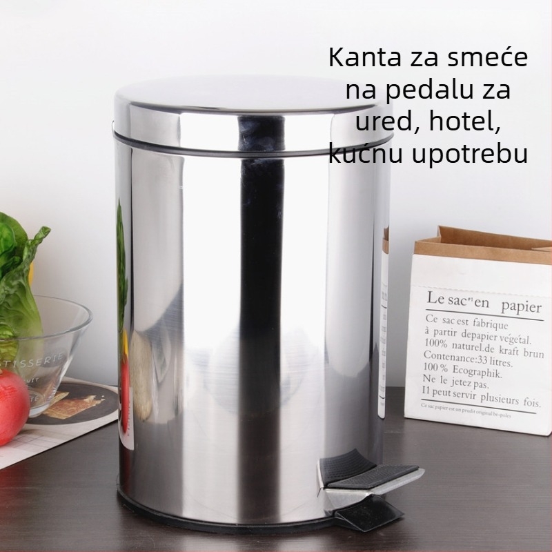 Pedalni kantu za smeće od nehrđajućeg čelika sa poklopcem i unutarnjim spremnikom, cilindričnog oblika, 5 L, pogodna za hotel, dom, kuhinju, ured i kupaonicu