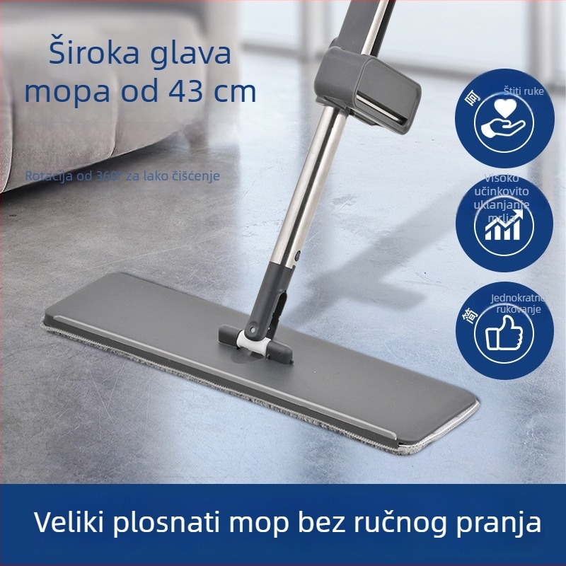 Veliki plosnati mop s bezkontaktnim dizajnom za suho i mokro čišćenje, glavom od mikrofibre, nehrđajući čelik šipka, za kućnu upotrebu