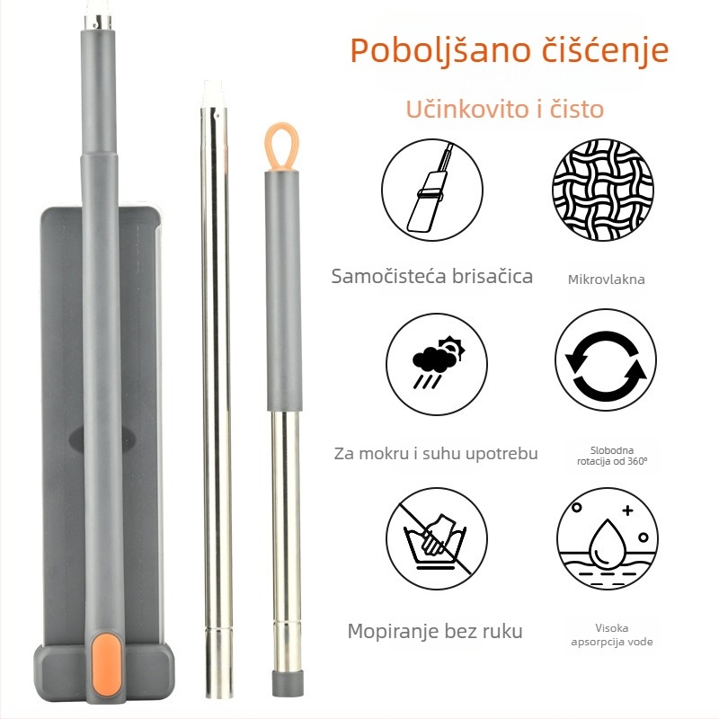 Veliki plosnati mop s bezkontaktnim dizajnom za suho i mokro čišćenje, glavom od mikrofibre, nehrđajući čelik šipka, za kućnu upotrebu