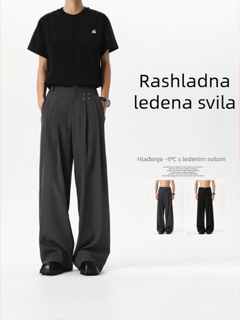 Muške ljetne crne hlače od ice silk, ravnog kroja s širokim nogavicama, casual stil, dojam luksuza