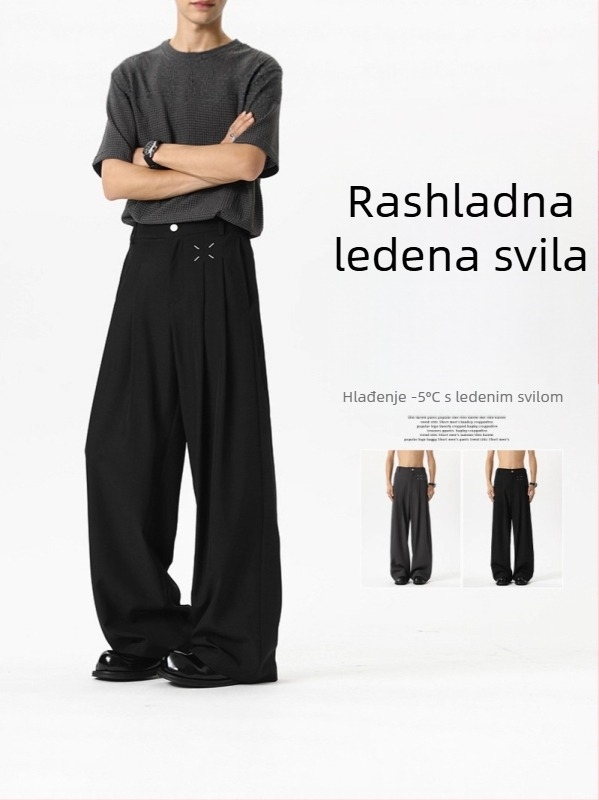 Muške ljetne crne hlače od ice silk, ravnog kroja s širokim nogavicama, casual stil, dojam luksuza