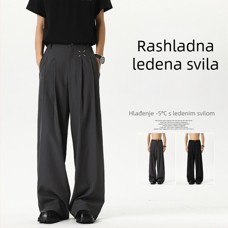 Muške ljetne crne hlače od ice silk, ravnog kroja s širokim nogavicama, casual stil, dojam luksuza