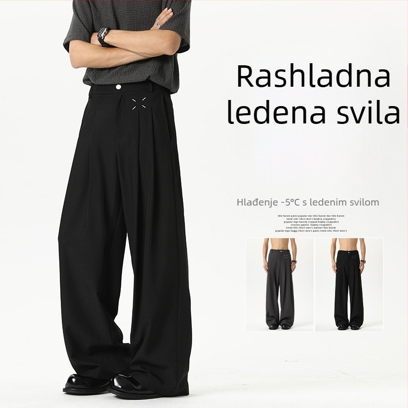 Muške ljetne crne hlače od ice silk, ravnog kroja s širokim nogavicama, casual stil, dojam luksuza