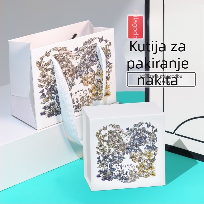 Kutija za nakit s zlatnom ugraviranim dizajnom leptira i cvijeta, preklopni poklop, 10×10 cm, za prstenje, ogrlice i narukvice
