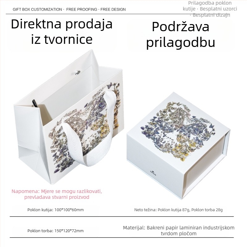 Kutija za nakit s zlatnom ugraviranim dizajnom leptira i cvijeta, preklopni poklop, 10×10 cm, za prstenje, ogrlice i narukvice