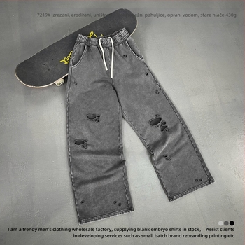 2026 muške trenirke hlače s distressed snowflake uzorkom, vintage stil, ravne široke nogavice, 100% pamuk, dugačke
