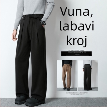 Muške vunene hlače širokog kroja za jesen/zimu, visoki struk, slobodan kroj, duge do poda, debeli i topli, ravne hlače, casual stil Hong Konga