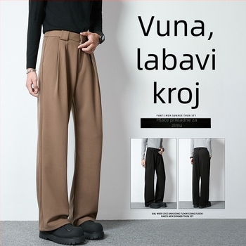 Muške vunene hlače širokog kroja za jesen/zimu, visoki struk, slobodan kroj, duge do poda, debeli i topli, ravne hlače, casual stil Hong Konga