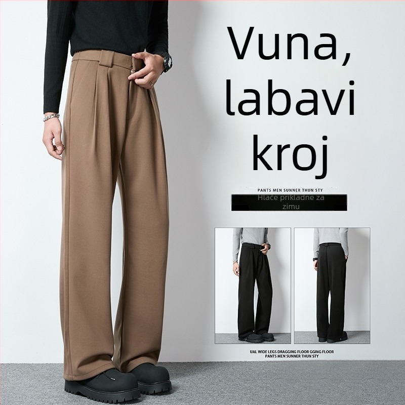 Muške vunene hlače širokog kroja za jesen/zimu, visoki struk, slobodan kroj, duge do poda, debeli i topli, ravne hlače, casual stil Hong Konga