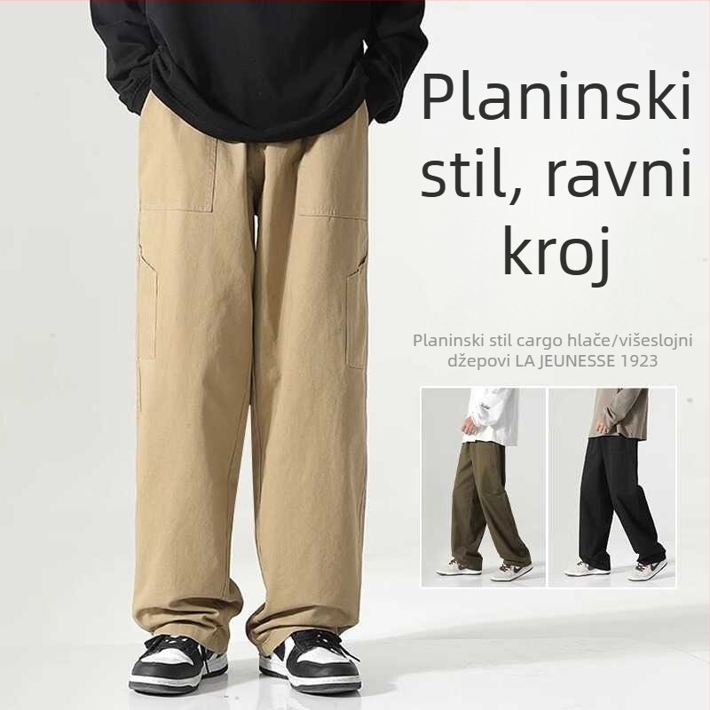 Muške radne hlače od 100% pamuka, jesenja kolekcija, opuštene široke ravne nogavice kroj, visok struk, plus veličina