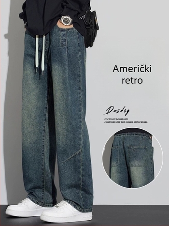 Muške traperice s opuštenim ravnim krojem i elastičnim pojasom, za proljeće–ljeto, casual radne hlače u američkom retro stilu