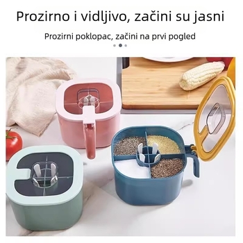 Četverodjelna kutija za začine, kuhinjski organizator, solnica, višenamjenska posuda za začine, moderan minimalistički dizajn, plava ili zelena.