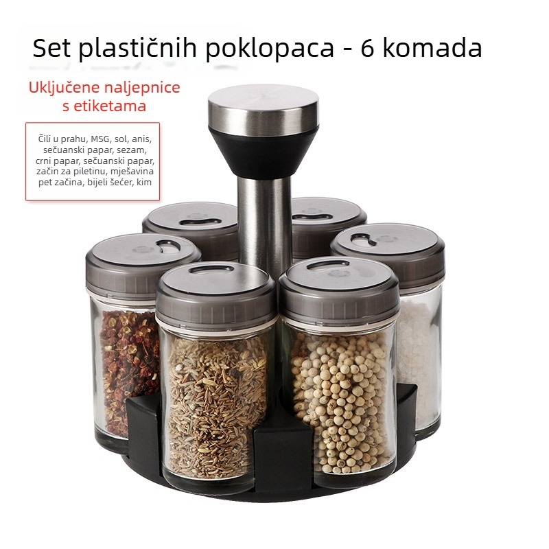 Rotirajući set posuda za začine sa staklenim posudicama za kuhinju, skladištenje soli i začina u zatvorenim bocama