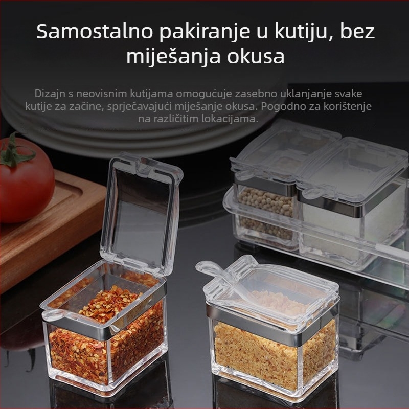 Set posuda za začine od nerđajućeg čelika 304 sa zatvorenim, vlagu otporne akrilne posudice i žlicom