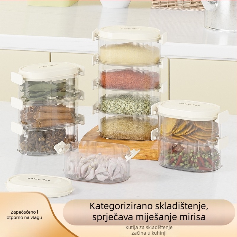 Kutija za pohranu začina za kućnu kuhinju – luksuzni spremnik za papar i anis, posuda za suhe začine, visokokvalitetna prehrambena kvaliteta, hermetički zatvarač, 1–2 L, pravokutnog oblika, 4–5 odjeljaka