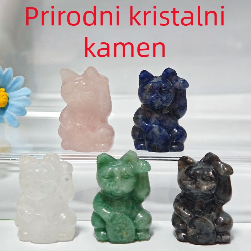 Prirodna kristalna mačka sreće od ružičastog kvarca i Dongling jadea, stolna dekoracija