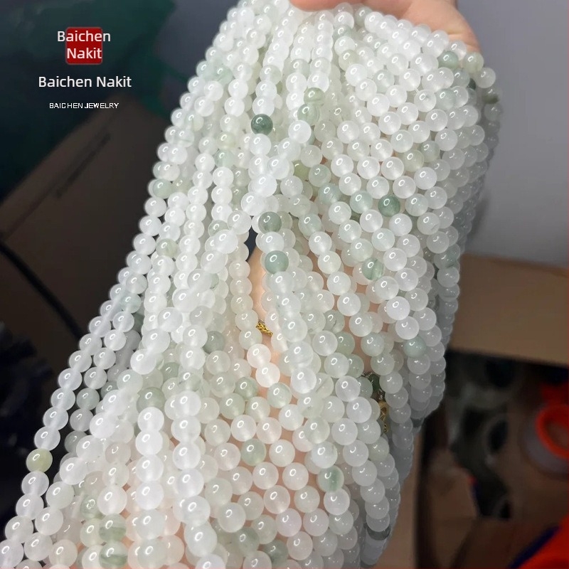 Prirodni ledeno-žadni s zlatnim svilenim nitima, bijele okrugle perle promjera 6 mm, poluproizvod za DIY narukvicu, totemski uzorak, slobodne perle