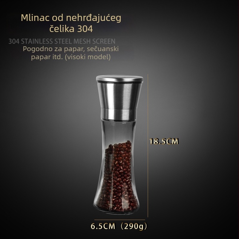 Mlin za papar s tijelom od stakla, 304 prehrambene kvalitete, ručno mljeđenje, odvojiv mehanizam