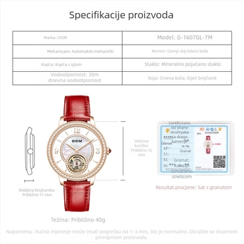 Ženski automatski skeleton sat s dijamantima, kožni kaiš, vodootporan do 30 m