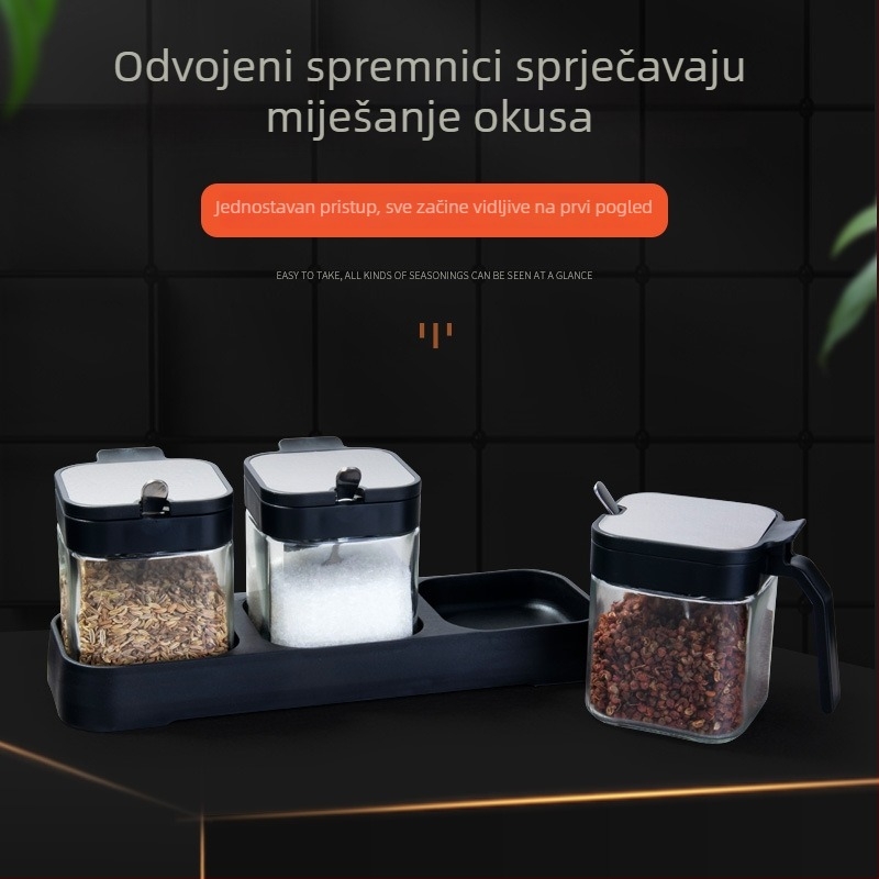 Set staklenih posuda za začine s držkom, uključuje posudu za sol i žličicu, zatvorene posude otporne na vlagu