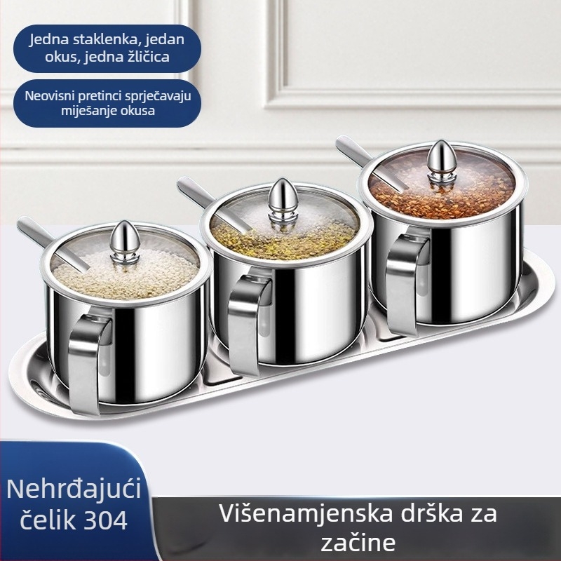 Set posuda za začine od nehrđajućeg čelika 304, s kašikom, vodonepropusne, prozirne posude