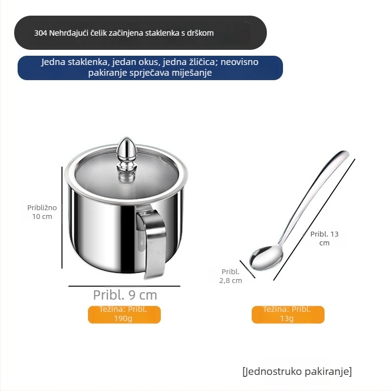 Set posuda za začine od nehrđajućeg čelika 304, s kašikom, vodonepropusne, prozirne posude