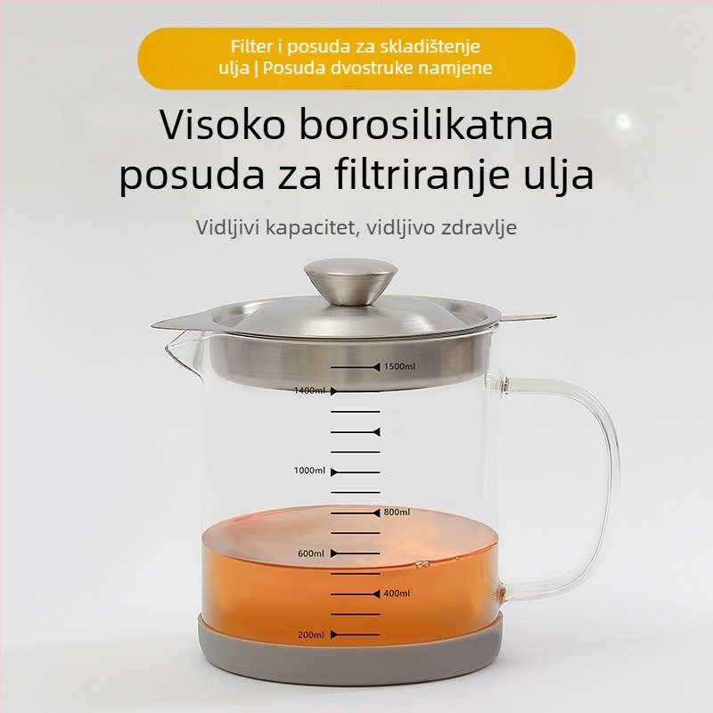 Staklena boca ulja visoko borosilikatnog stakla s filtrima od nehrđajućeg čelika i cjedilom za kuhinju