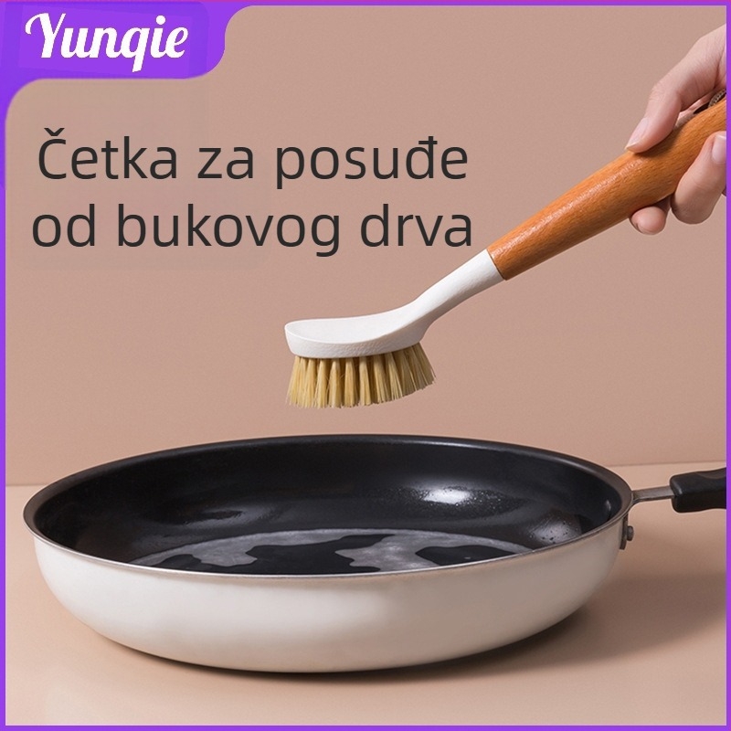 Četka za čišćenje s dugom drškom za tavama i zdjelama, bukovo drvo, može se objesiti, uklanja masnoću i prljavštinu