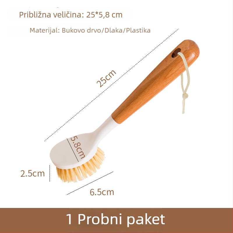 Četka za čišćenje s dugom drškom za tavama i zdjelama, bukovo drvo, može se objesiti, uklanja masnoću i prljavštinu