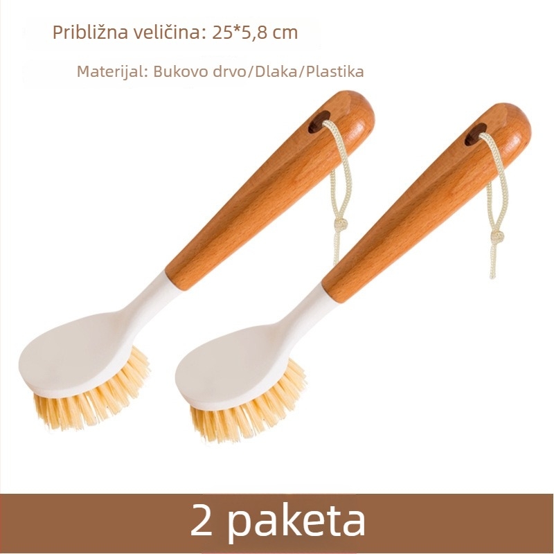 Četka za čišćenje s dugom drškom za tavama i zdjelama, bukovo drvo, može se objesiti, uklanja masnoću i prljavštinu
