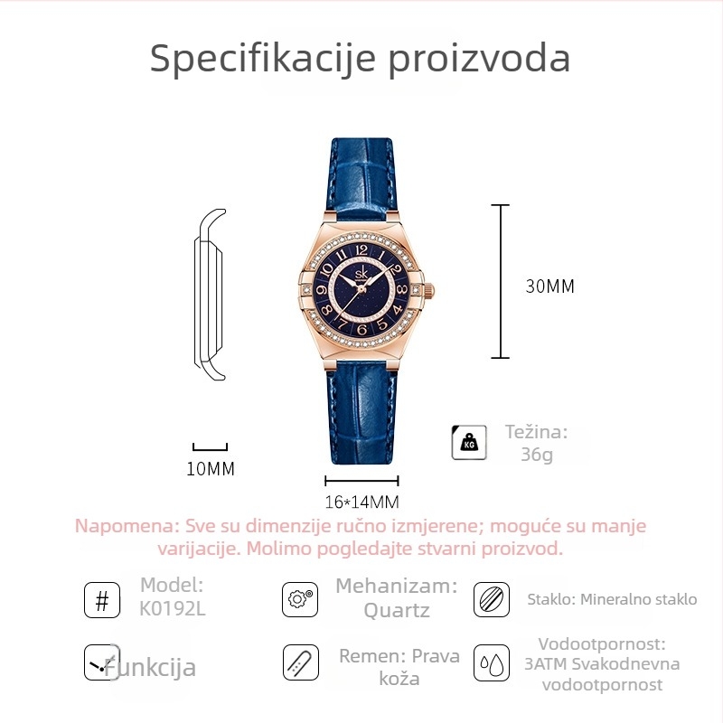SK ženski sat, kožni kaiš, vodootporan, kvarcni mehanizam, poslovni stil, luksuz s dijamantima