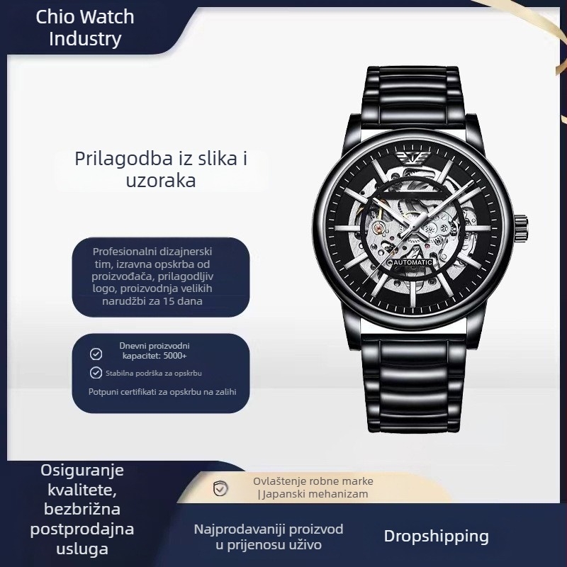Muški automatski skeleton sat, crno kućište, luminescentan, vodootporan do 30 m, nehrđajući čelik kaiš, promjer 42 mm