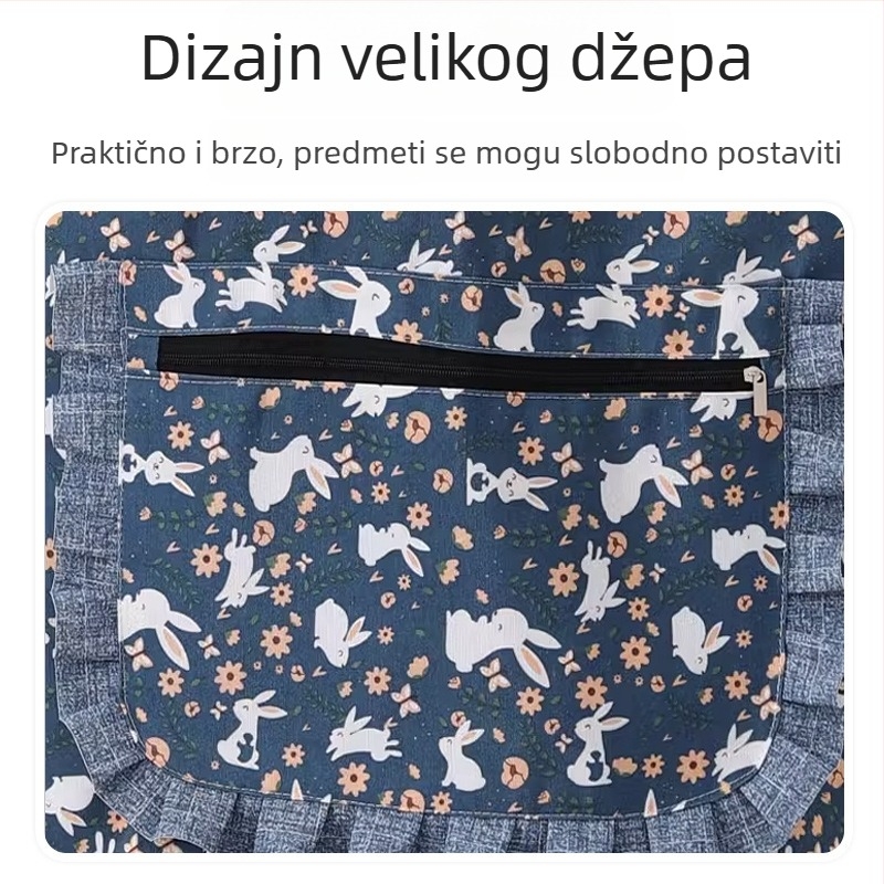 Pregača kuhinjska s džepom na zip, cvjetni otisak s motivom glave zeca, prozračna i otporna na habanje, za odrasle