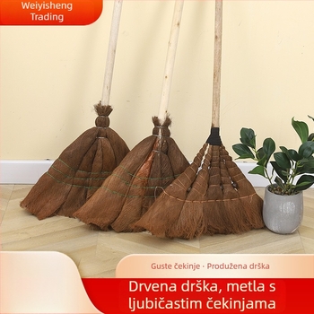 Kućna metla s drvenom drškom i konjskom dlakom, smeđa, produžena ručka