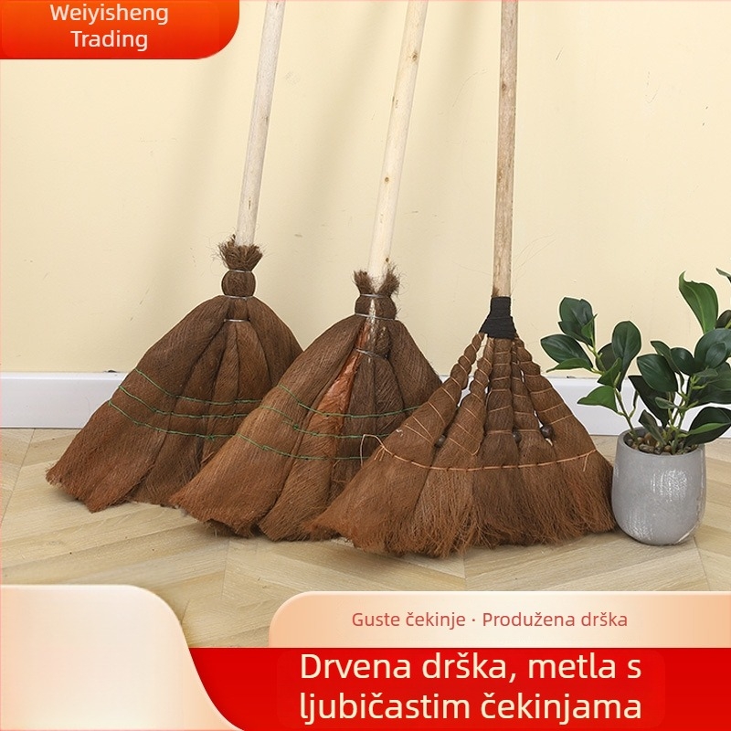 Kućna metla s drvenom drškom i konjskom dlakom, smeđa, produžena ručka