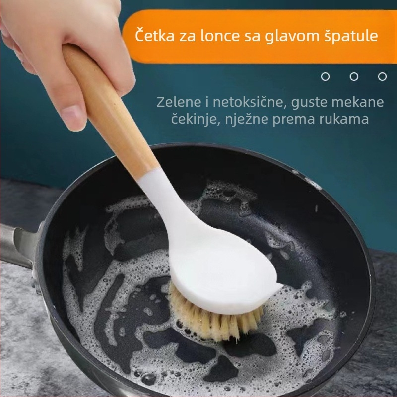 Duga četka za pranje lonaca, posuđa i zdjelica s drvenom drškom, višestruka primjena