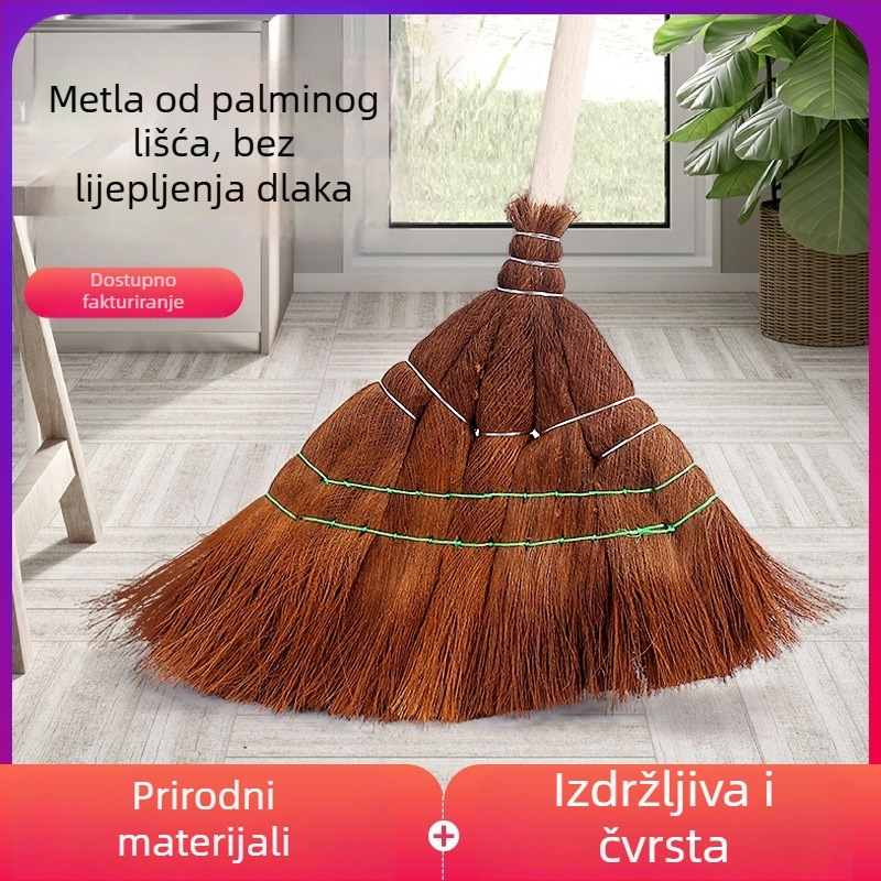 Metla sa smeđim vlaknama i tradicionalnim drvenim držačem, izdržljiva za kućnu i skladišnu upotrebu