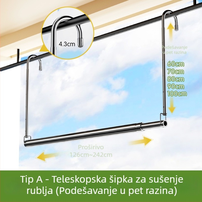 Teleskopska šipka za sušenje odjeće za kućni balkon, podesiva, nehrđajući čelik, bez bušenja