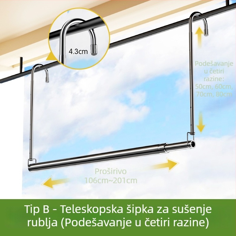 Teleskopska šipka za sušenje odjeće za kućni balkon, podesiva, nehrđajući čelik, bez bušenja