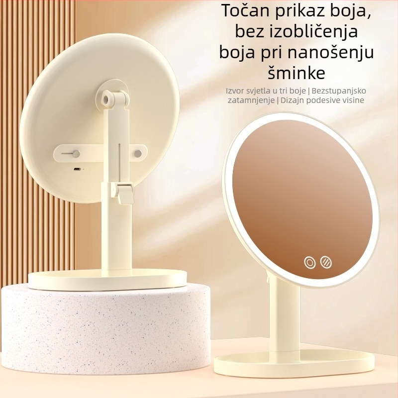 LED osvijetljeno ogledalo za šminku, prilagodljiva stolna podstava, ručno kružno ogledalo, visokokvalitetan izgled