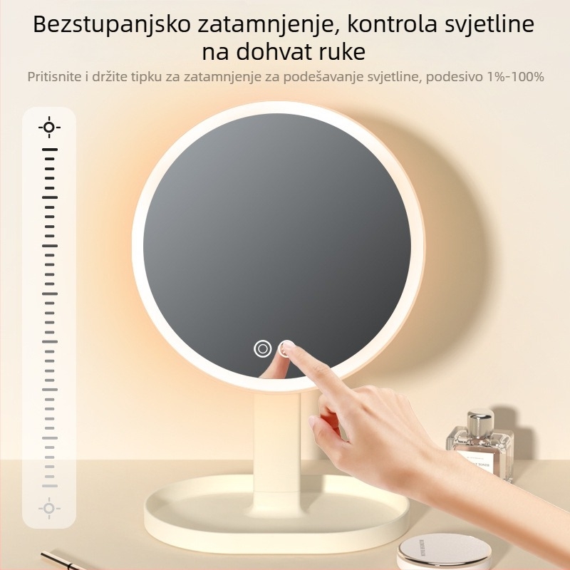 LED osvijetljeno ogledalo za šminku, prilagodljiva stolna podstava, ručno kružno ogledalo, visokokvalitetan izgled
