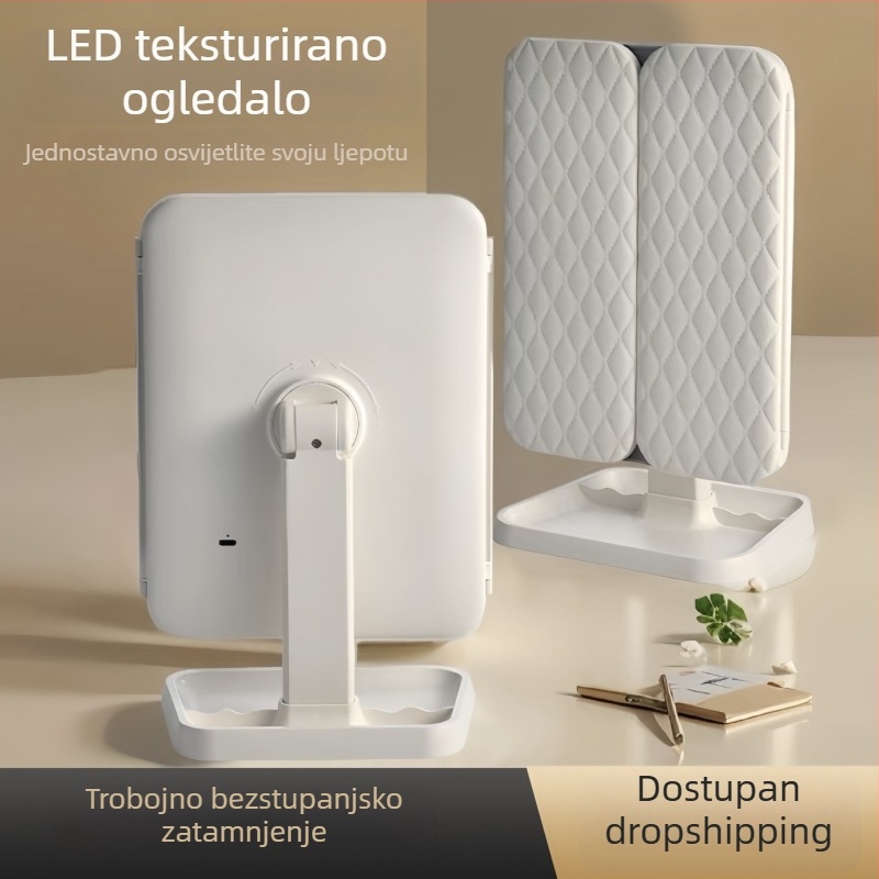 Trostrano sklopivo LED ogledalo za šminkanje s trobojnom rasvjetom, dodirna osjetljivost, punjivo, rotira 180 stupnjeva