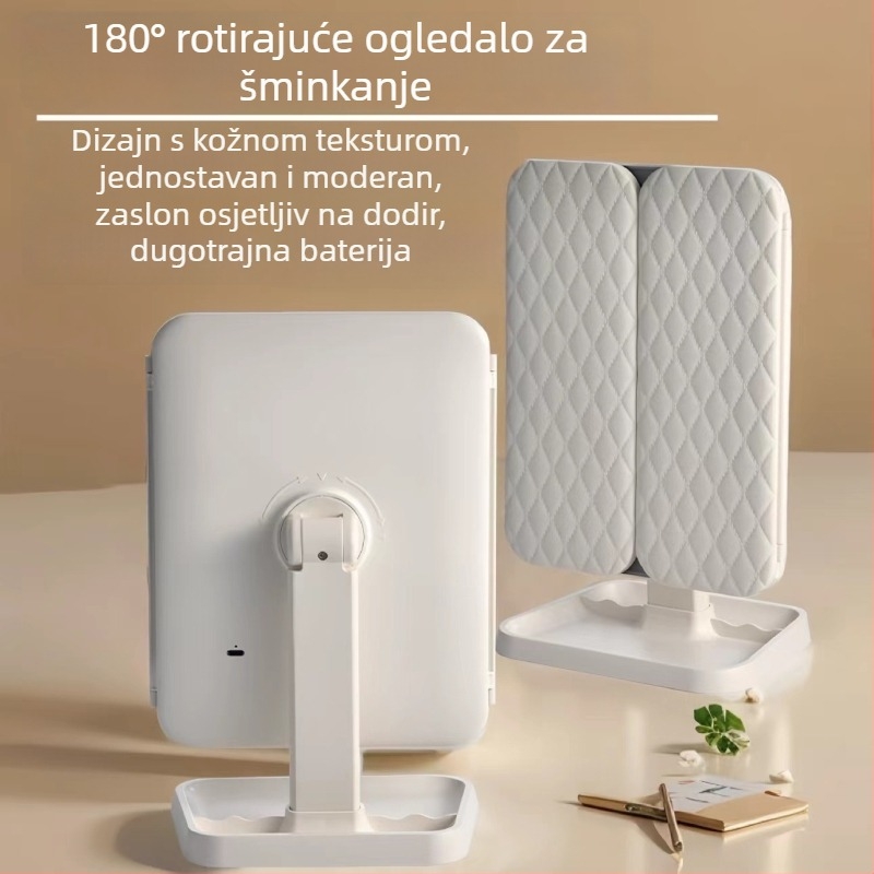 Trostrano sklopivo LED ogledalo za šminkanje s trobojnom rasvjetom, dodirna osjetljivost, punjivo, rotira 180 stupnjeva
