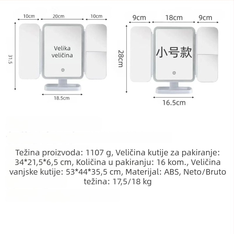 Trostrano sklopivo LED ogledalo za šminkanje s trobojnom rasvjetom, dodirna osjetljivost, punjivo, rotira 180 stupnjeva
