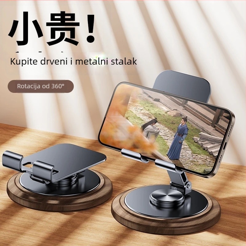 Metalni držač za phablet s rotirajućom bazom na stolu, teška baza s uzorkom orahovog drveta, za prijenos uživo