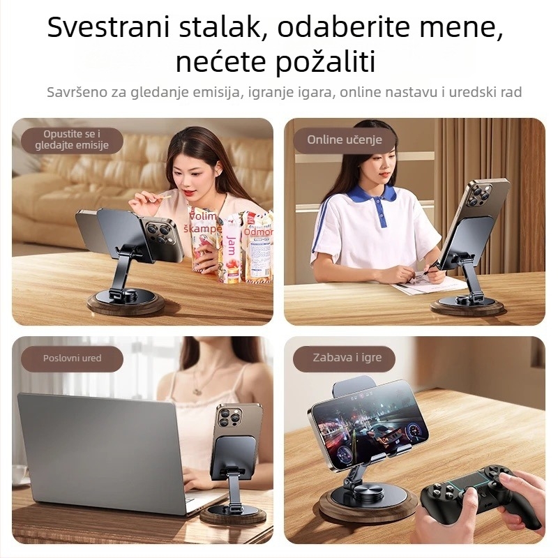 Metalni držač za phablet s rotirajućom bazom na stolu, teška baza s uzorkom orahovog drveta, za prijenos uživo