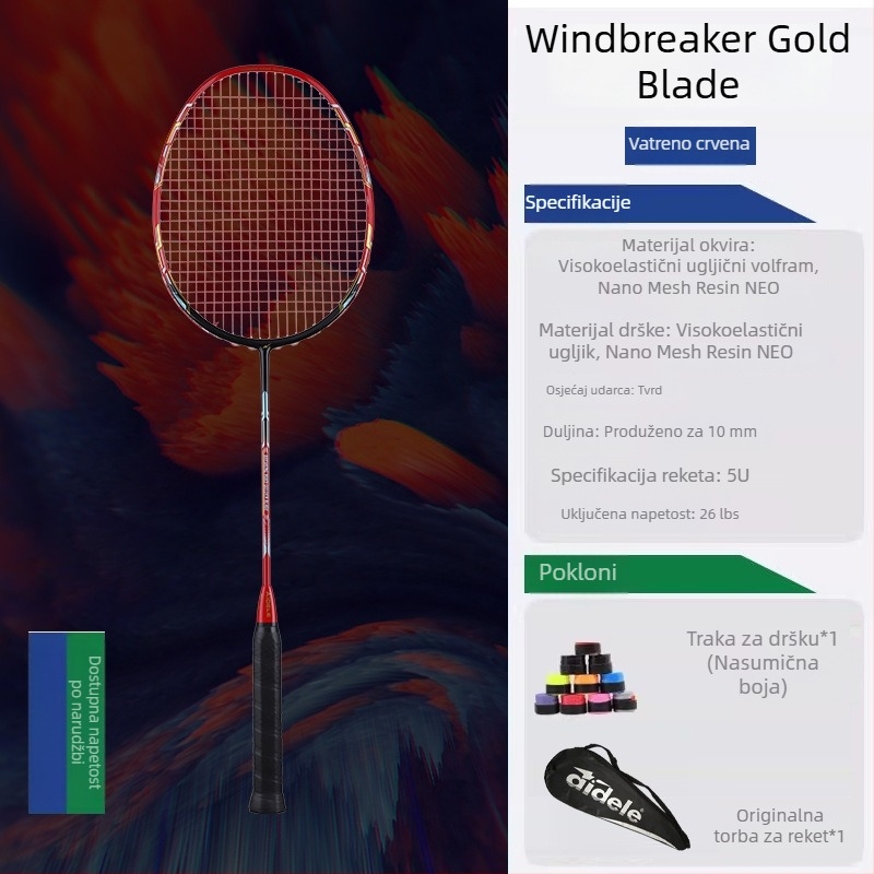 Profesionalna badminton raketa od karbonskih vlakana, izuzetno lagana, visoka elastičnost, 5U, za natjecanja i treninge